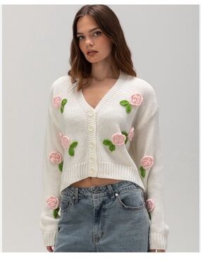 RSQ White Floral Appliqué V-Neck Cardigan Sweater - Pink Rose Accents Size S NWT